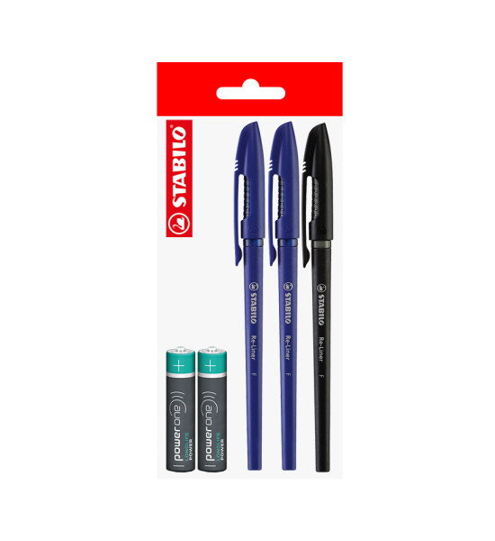 Pack: 3x Boligráfo Re-Liner STABILO + 2x Pilas AAA POWER ONE, Pack x 5 Unds.